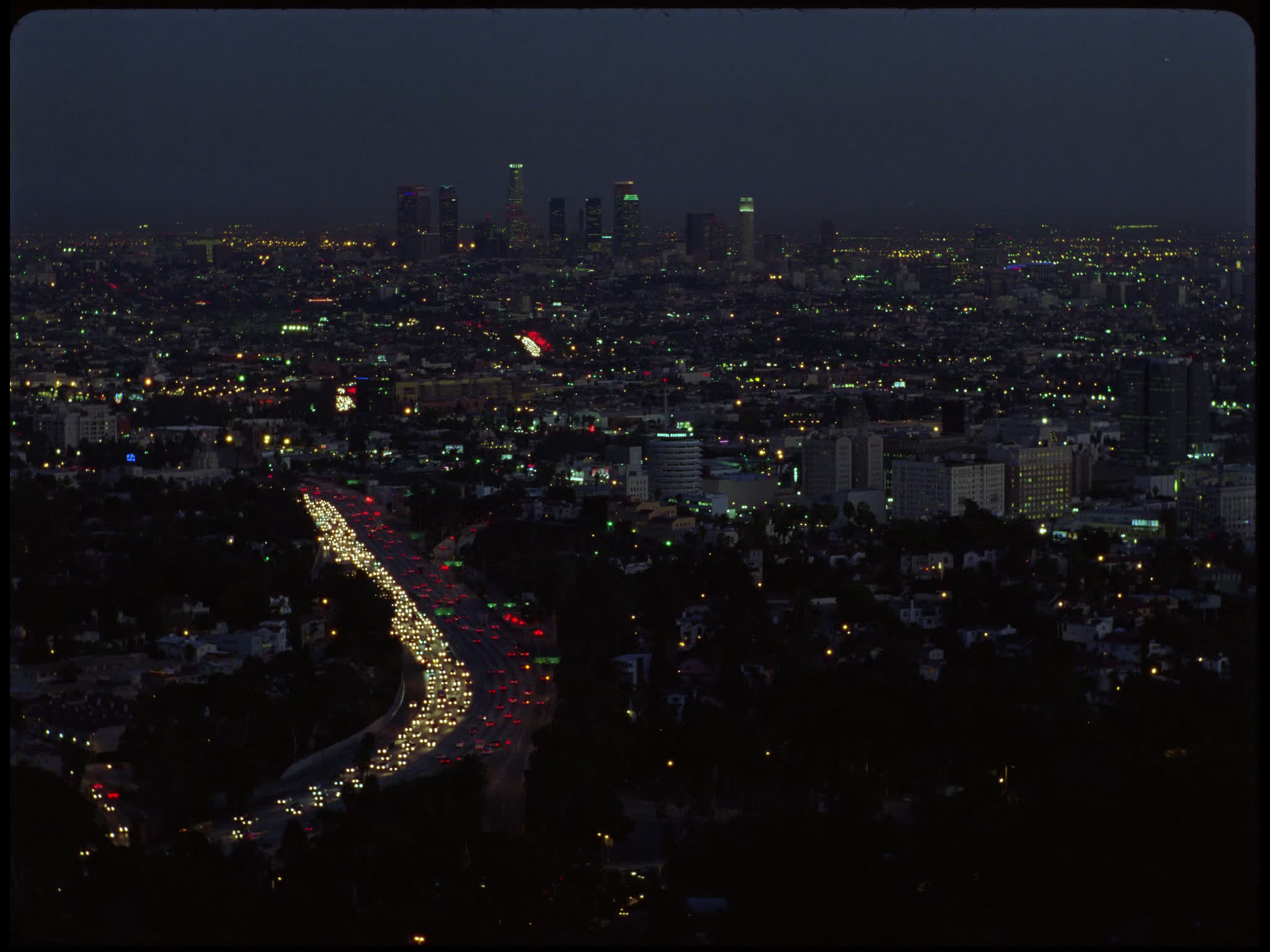 Los Angeles Skyline and Hollywood Freeway at Night