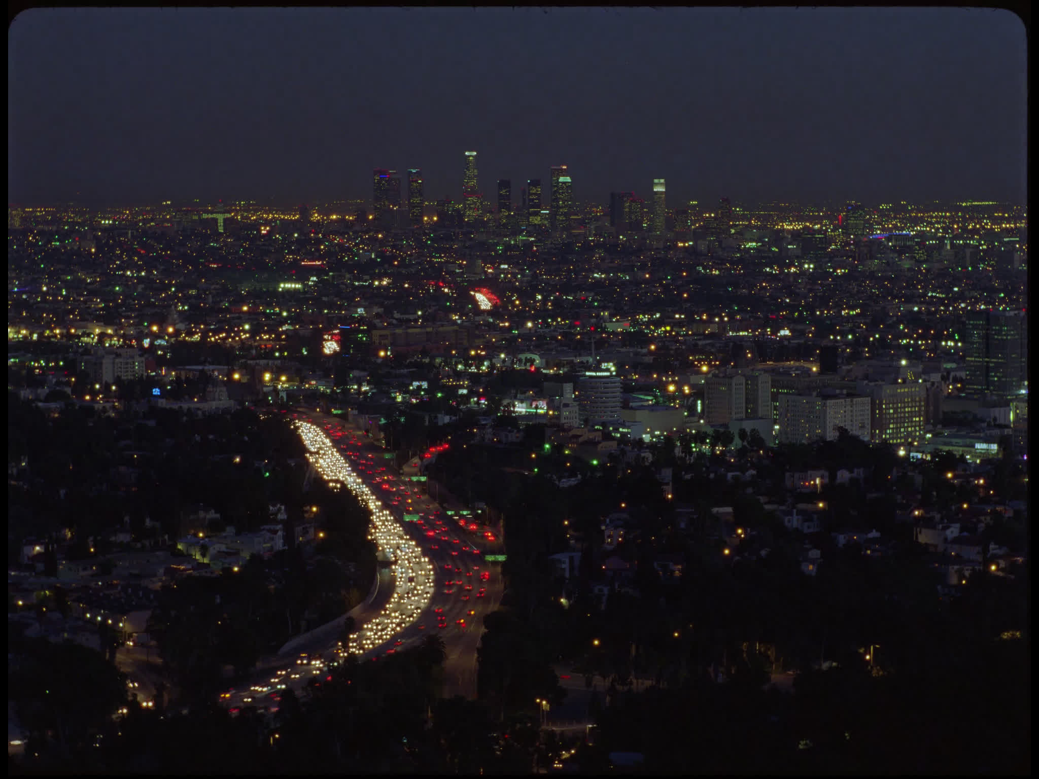 Los Angeles Skyline and Hollywood Freeway at Night